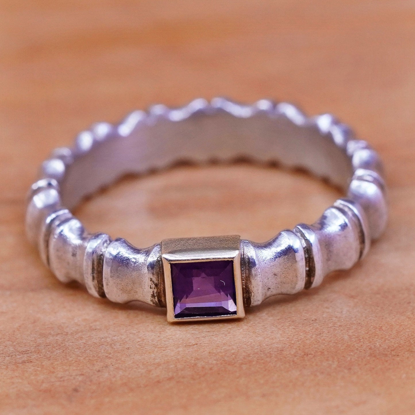 Size 7, AGAU 14K yellow gold Sterling silver ring, 925 bamboo band w/ amethyst