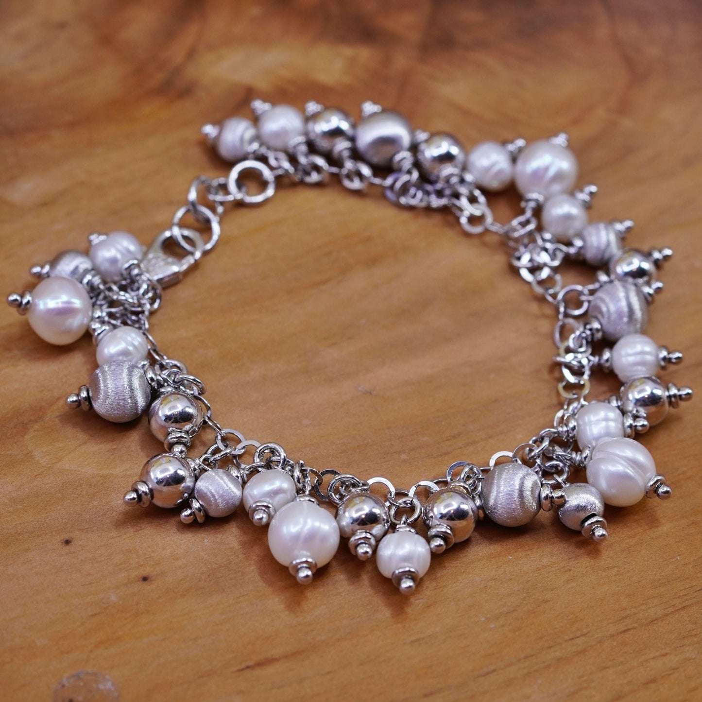 7.25”, Sterling 925 silver handmade circle bracelet with cluster pearl beads