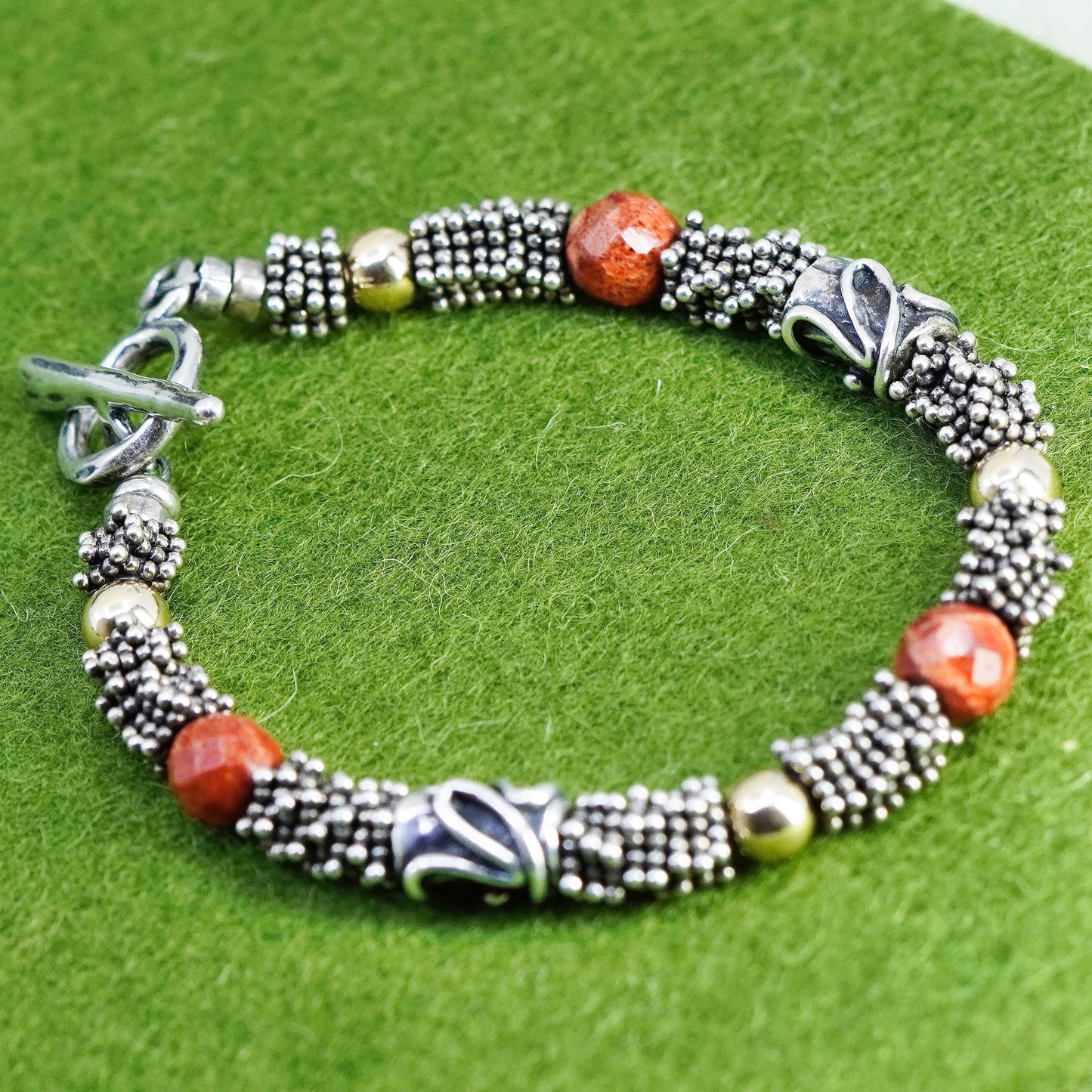 6.5”, Vintage southwestern 925 Sterling silver bracelet 14K yellow gold beads