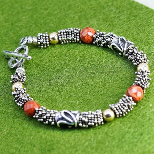 6.5”, Vintage southwestern 925 Sterling silver bracelet 14K yellow gold beads