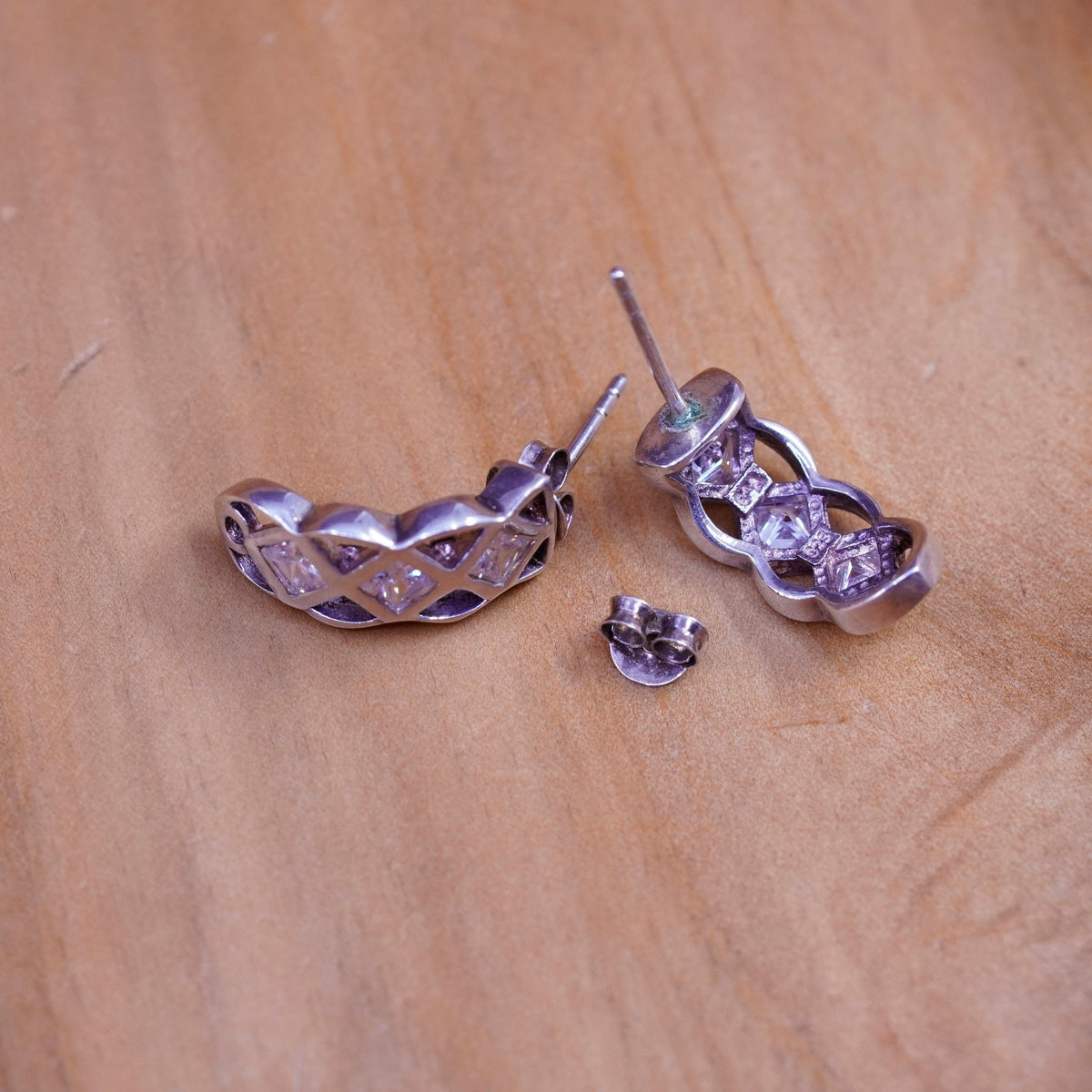Vintage Sterling 925 silver huggie studs earrings with clear Cz
