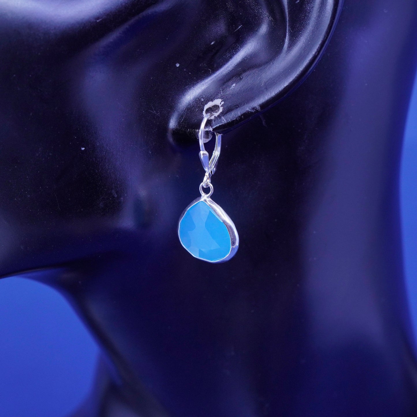 Sterling 925 silver handmade earrings with teardrop blue Chalcedony Dangles
