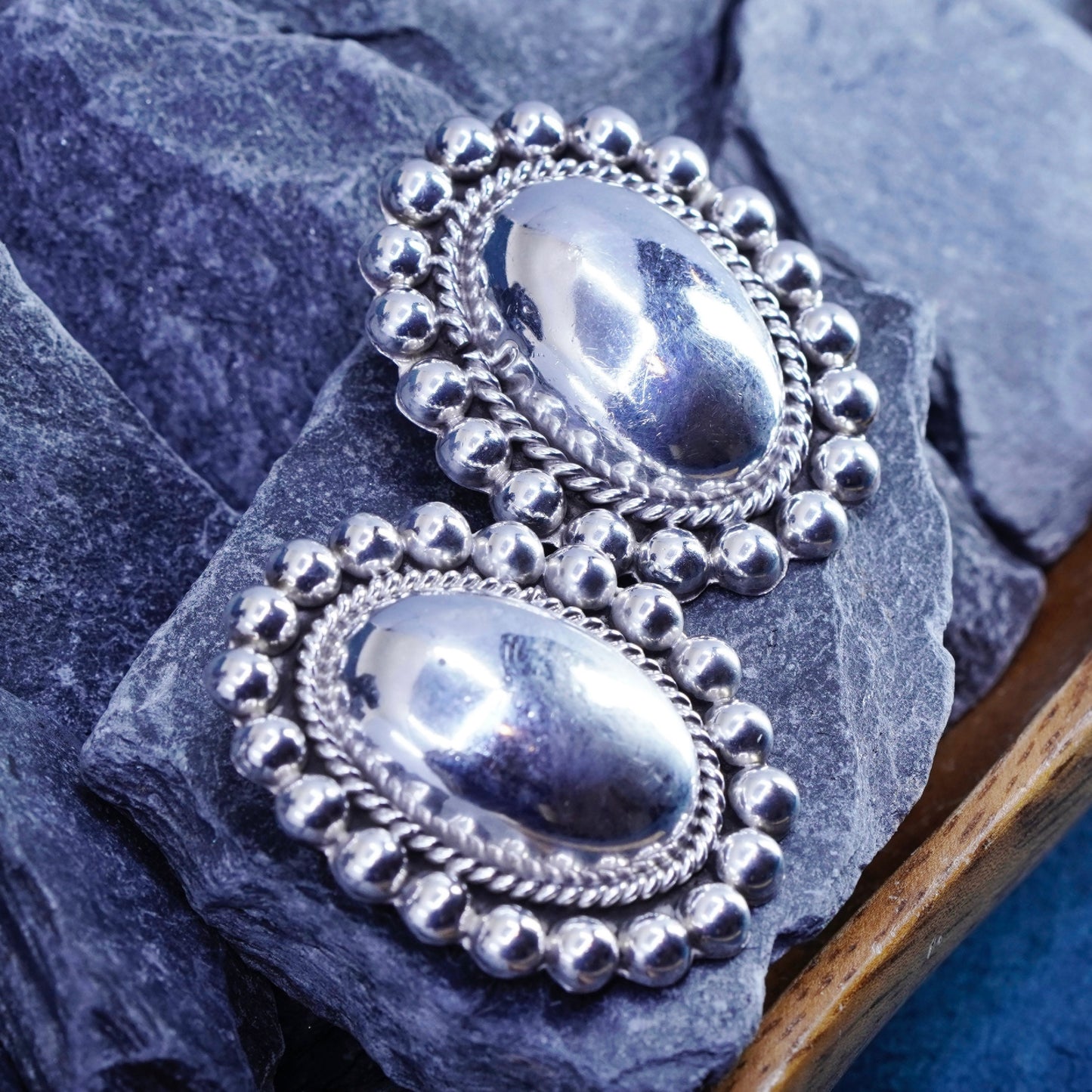 Vintage Mexico sterling 925 silver handmade oval clip on earrings with beads