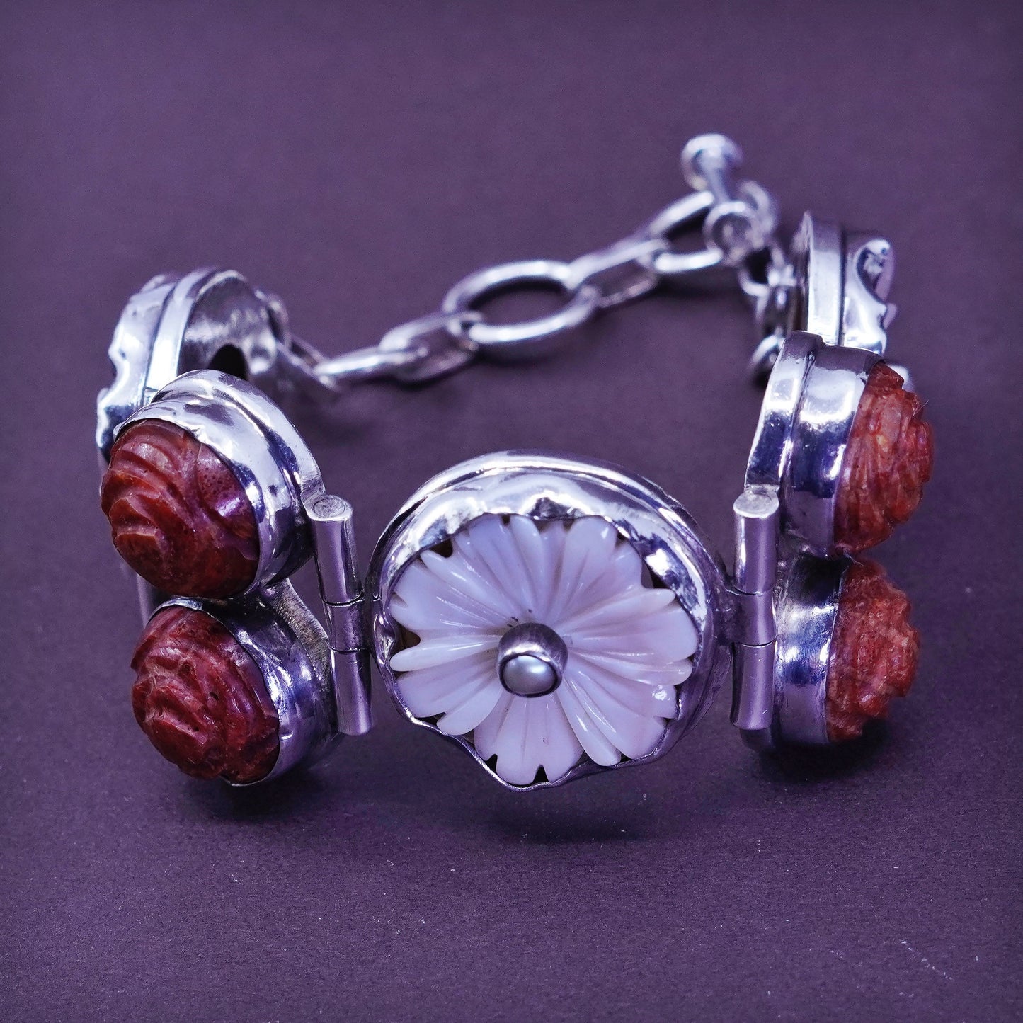 7+1”, Sterling silver handmade bracelet, 925 chain w/ coral and MOP flower