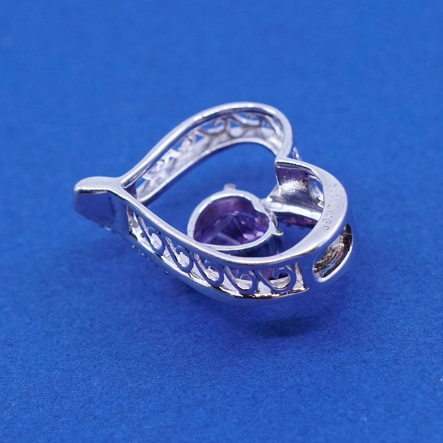 vtg JEBR Sterling silver handmade pedant, 925 heart with amethyst and diamond