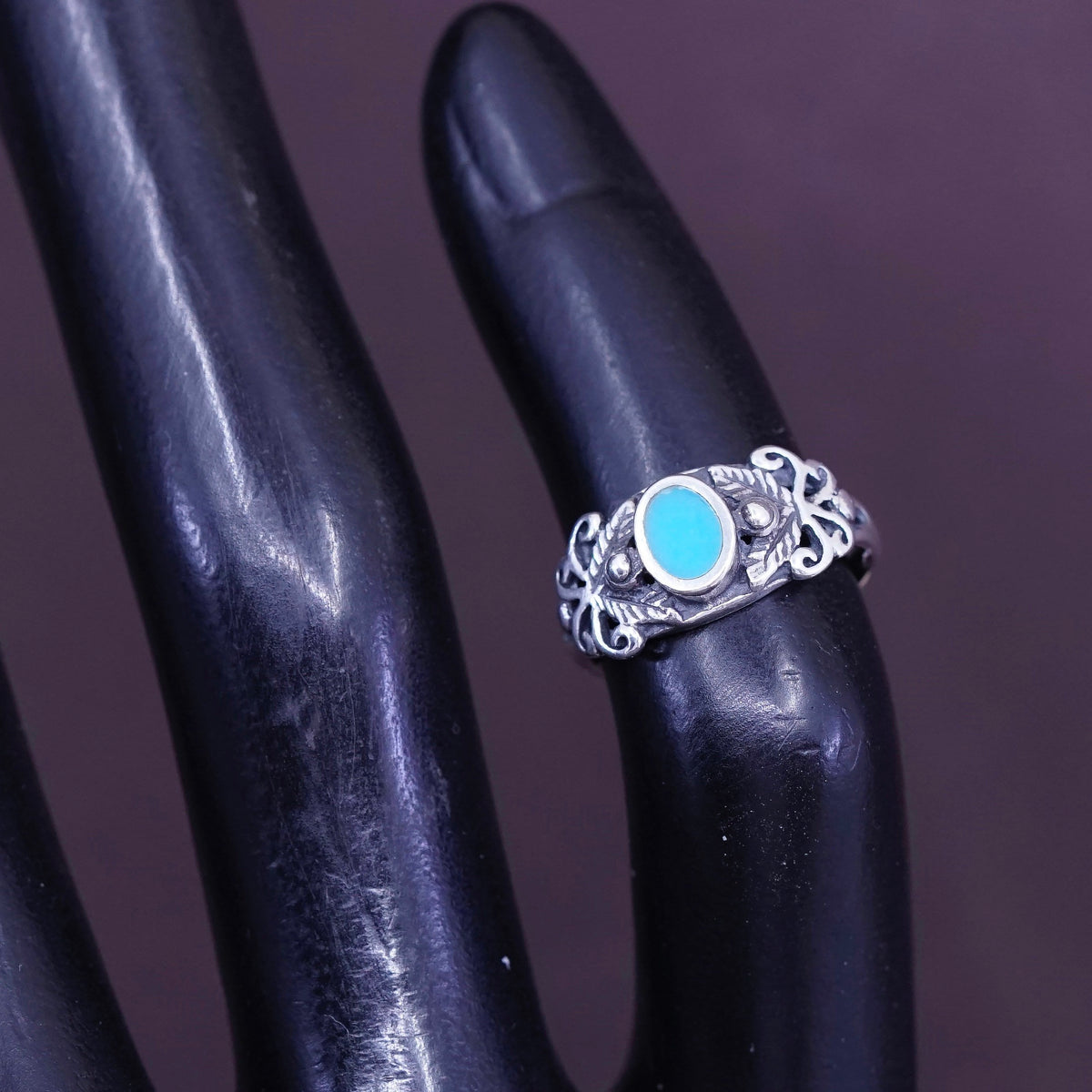 Size 1.5, vtg Sterling 925 silver handmade ring w/ turquoise N filigree flower