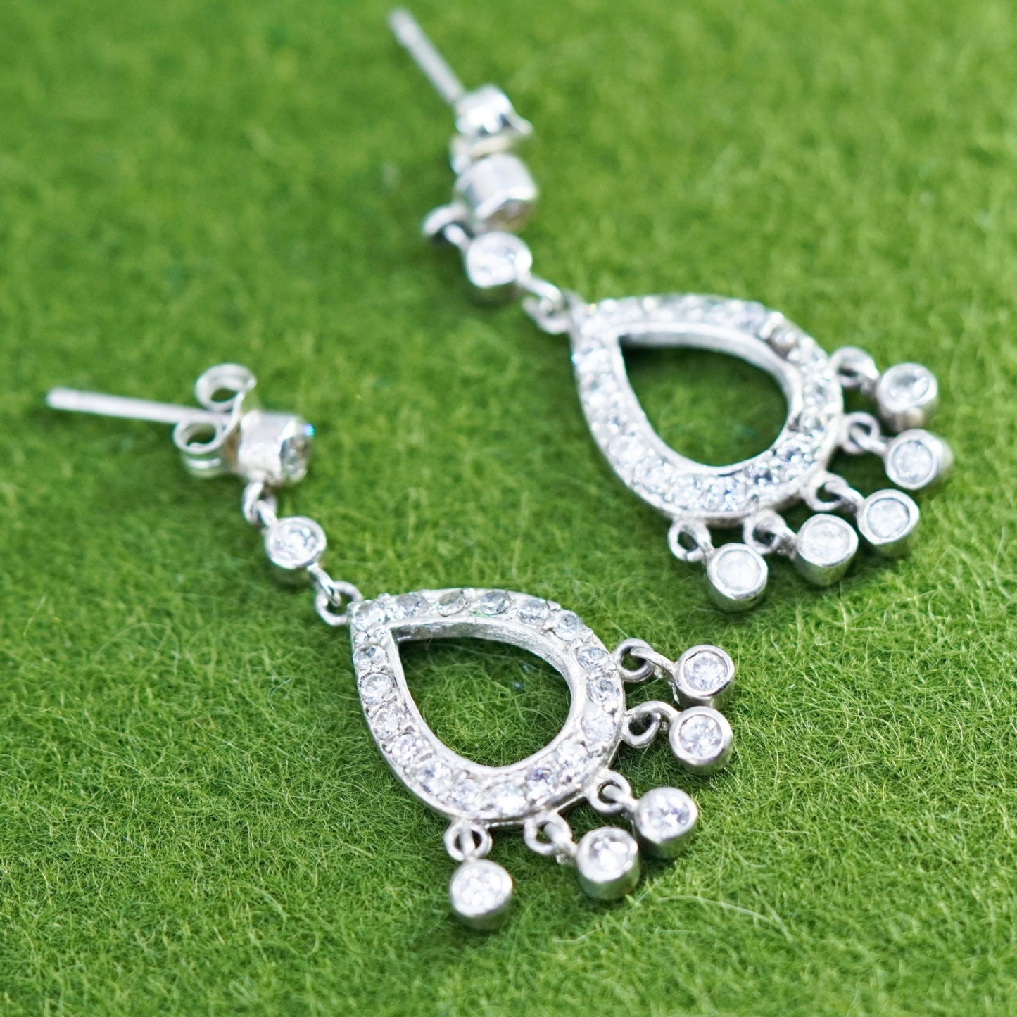 Vintage Sterling silver handmade earrings, 925 teardrop drops with cz around
