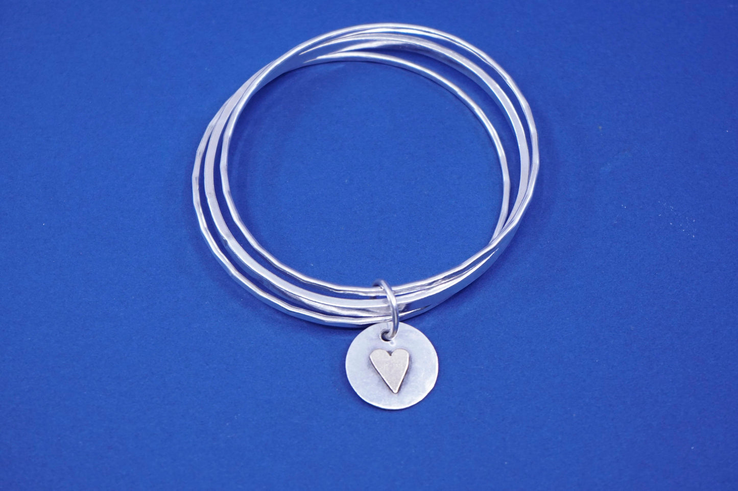 7.5”, CLP two tone sterling silver handmade bracelet, 925 bangle w/ heart charm