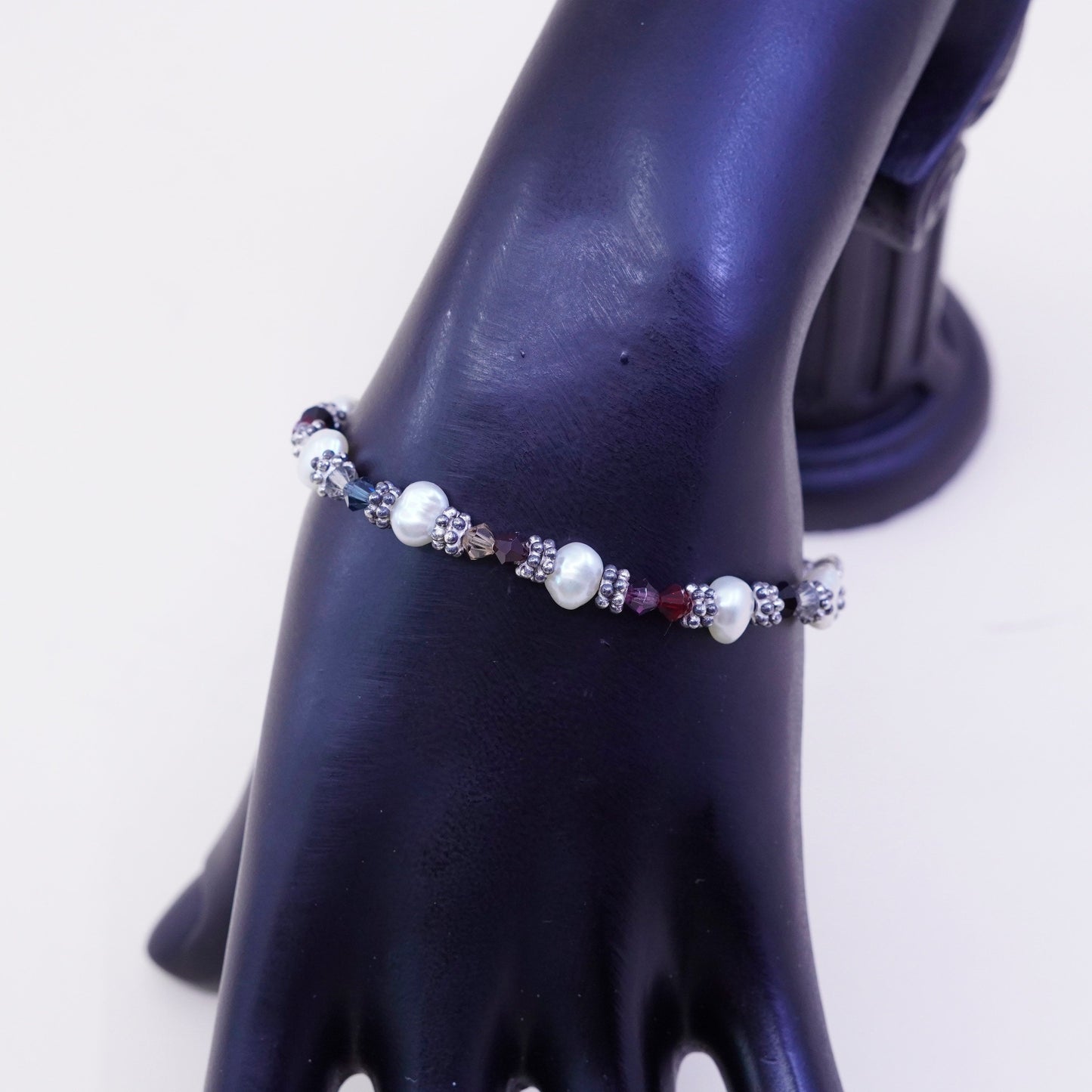 6.5”, sterling silver handmade bracelet, 925 beads white pearl and crystal