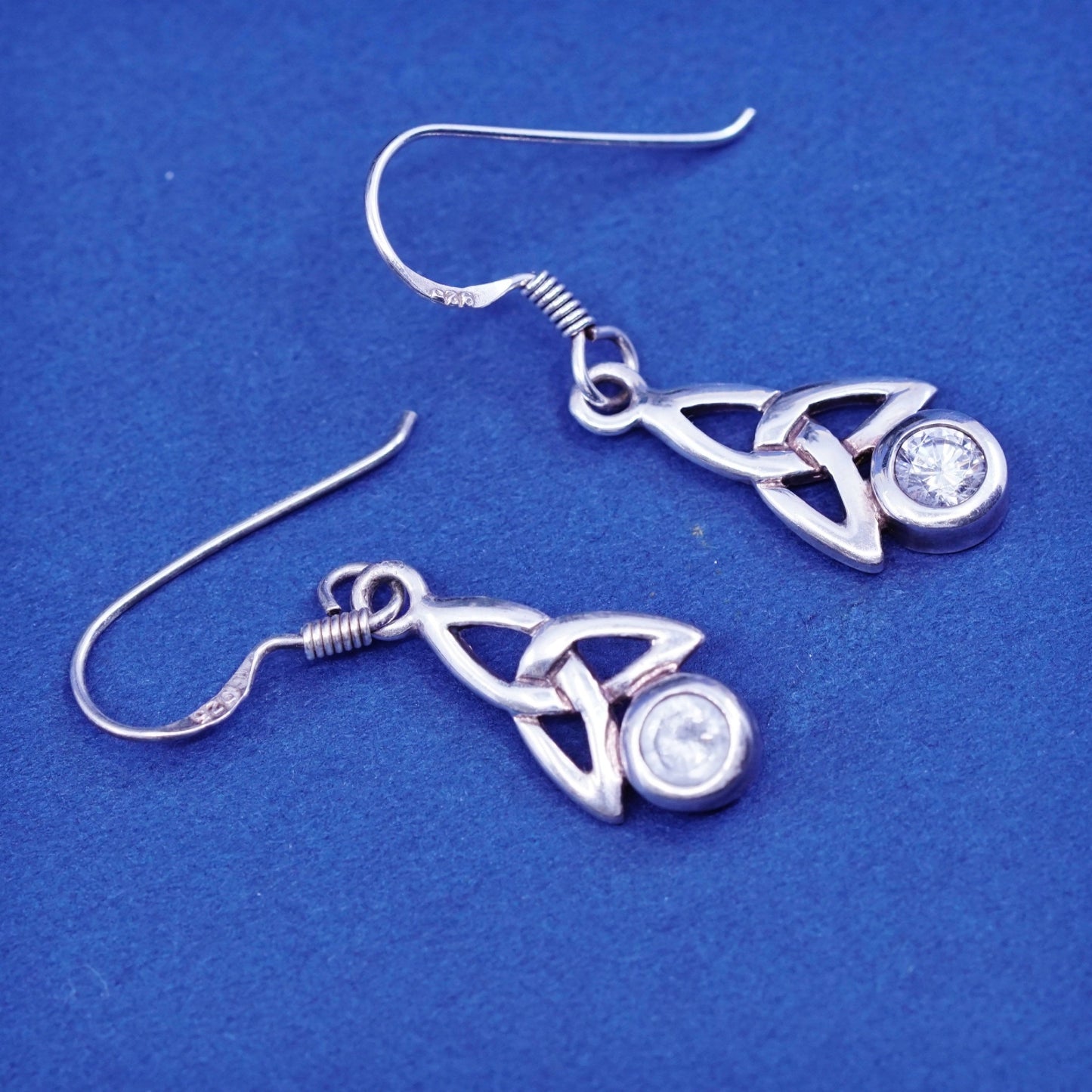 Vintage sterling silver handmade earrings, 925 filigree knot Irish drop with Cz
