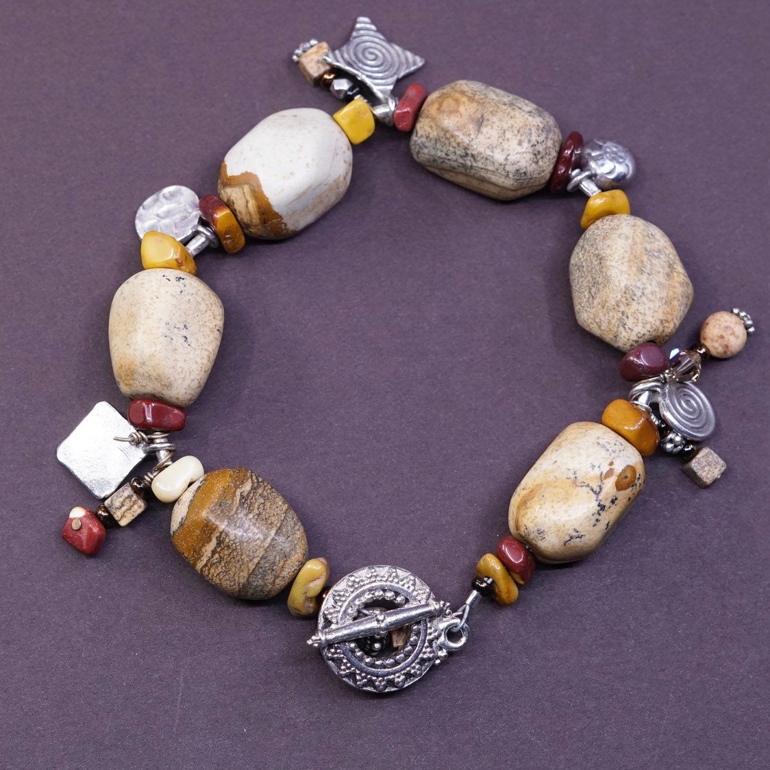 6.75”, vtg Sterling silver handmade chain, 925 beads w/ Jasper nuggets bracelet