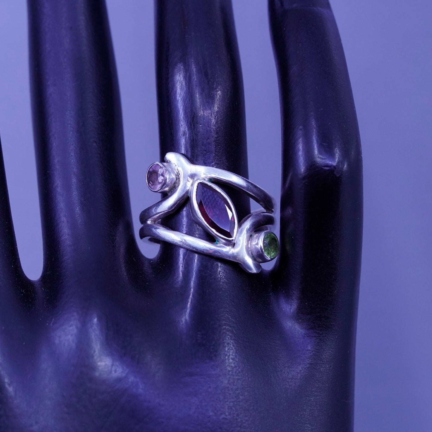 Size 7.5, vintage Sterling 925 silver handmade wide ring amethyst ruby peridot