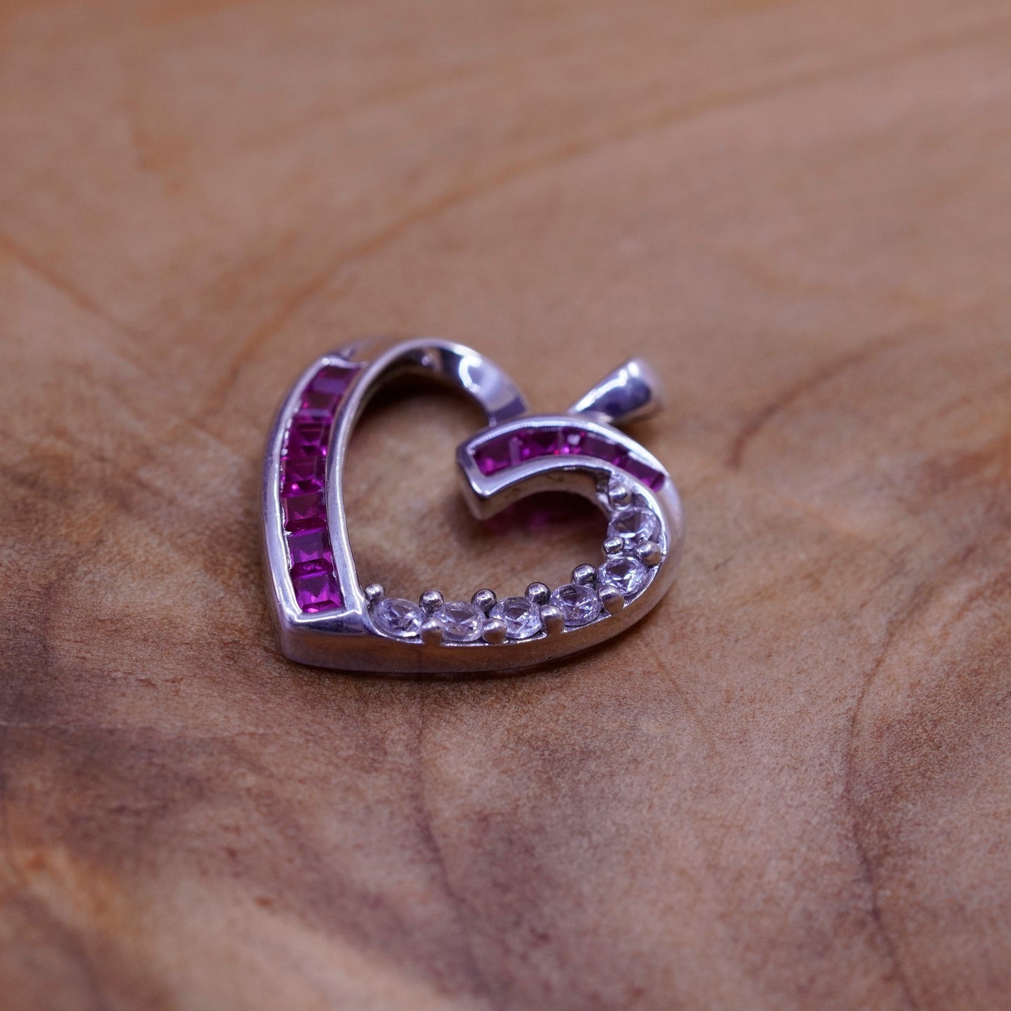 Vintage Sterling 925 silver heart pendant with pink Cz