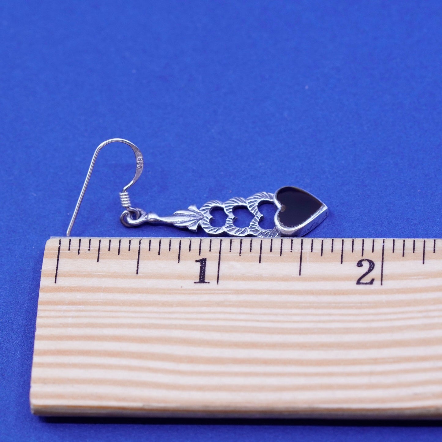Vintage Sterling silver handmade earrings, 925 heart with obsidian