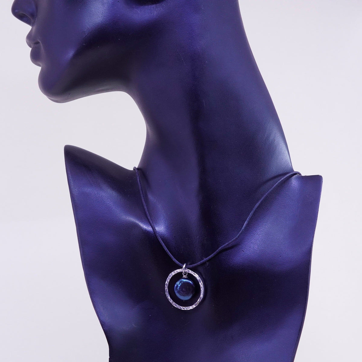 16”, sterling silver handmade necklace, 925 circle pearl pendant leather thread