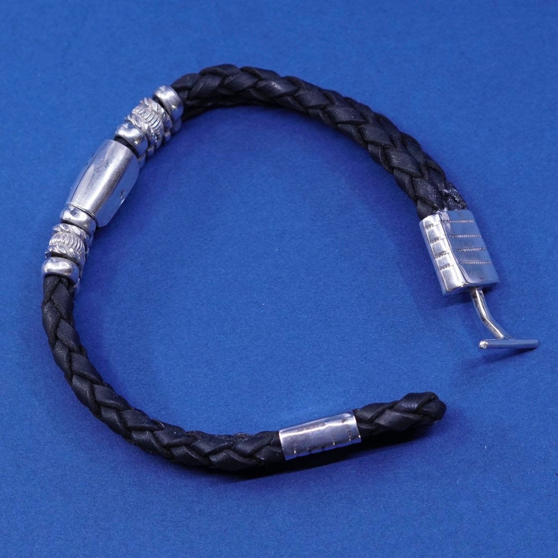 6.5”, vtg JB Sterling silver handmade bracelet, 925 w/ black leather chain