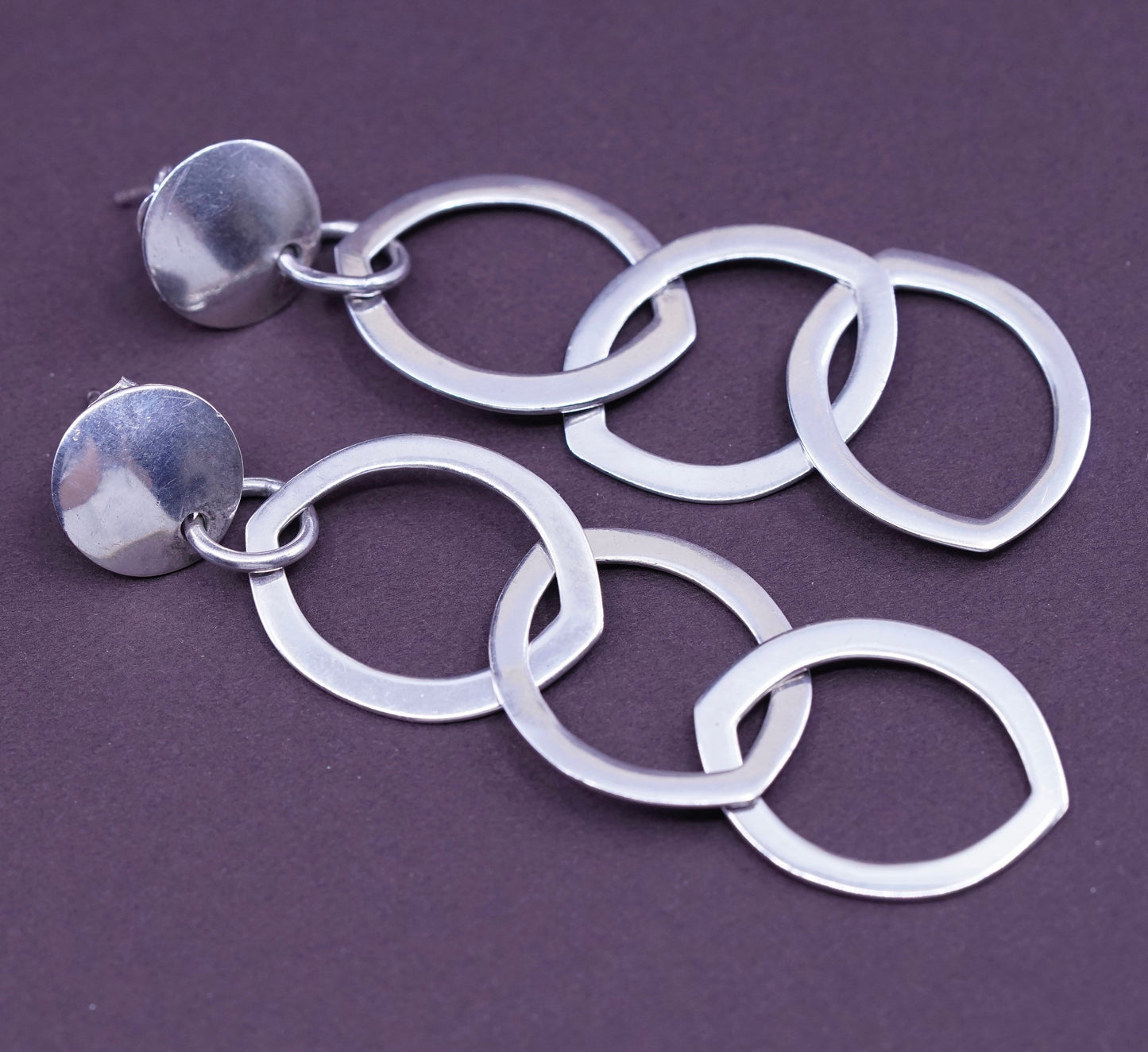 Vintage Sterling silver handmade earrings, Modern 925 flatten entwined circle