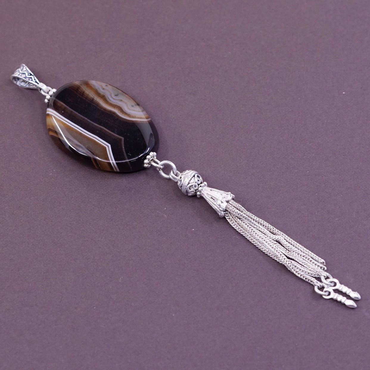 Southwestern Sterling silver handmade pendant, 925 w/ agate N wheat fringe
