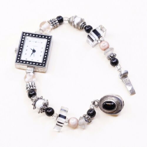 6.5”, Vtg Watch With Handmade Sterling 925 Silver Clasp And Beads Bracelet Band