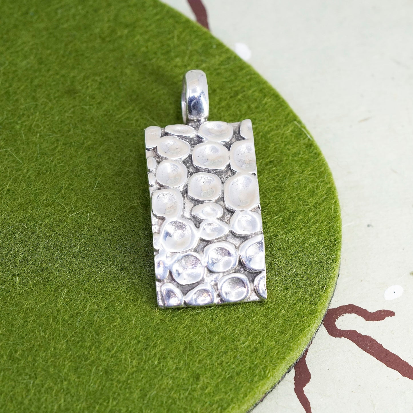 Vintage sterling silver handmade pendant, 925 rectangular hammered dotted tag