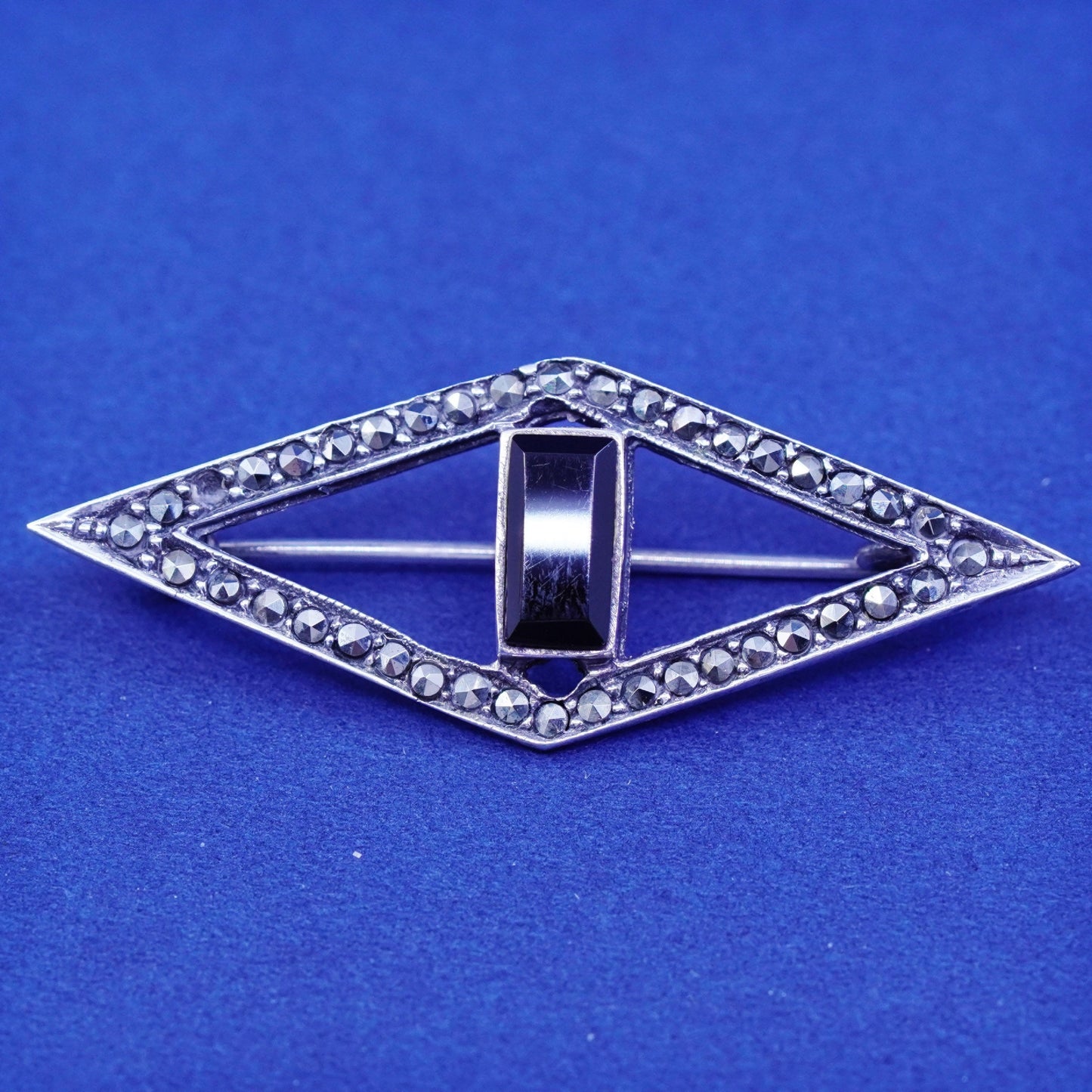 vtg Sterling silver handmade long brooch, 925 diamond shaped pin onyx marcasite