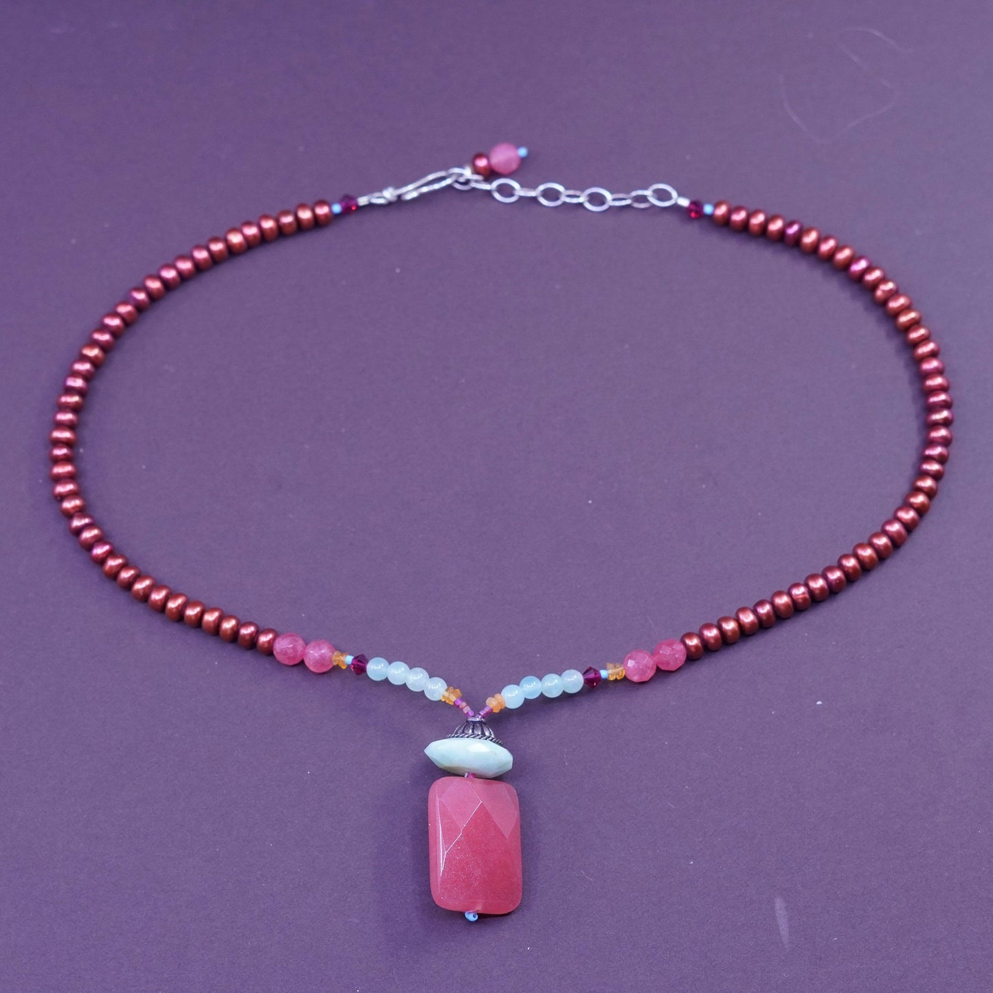 16+1.5” Vintage Sterling silver Handmade necklace w/ pearl rose quartz pendant
