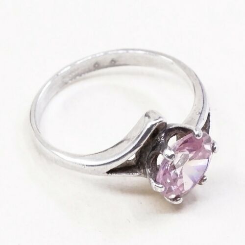 Sz 7.25, Sterling Silver Ring, 925 Silver Engagement Ring W/ pink Crystal