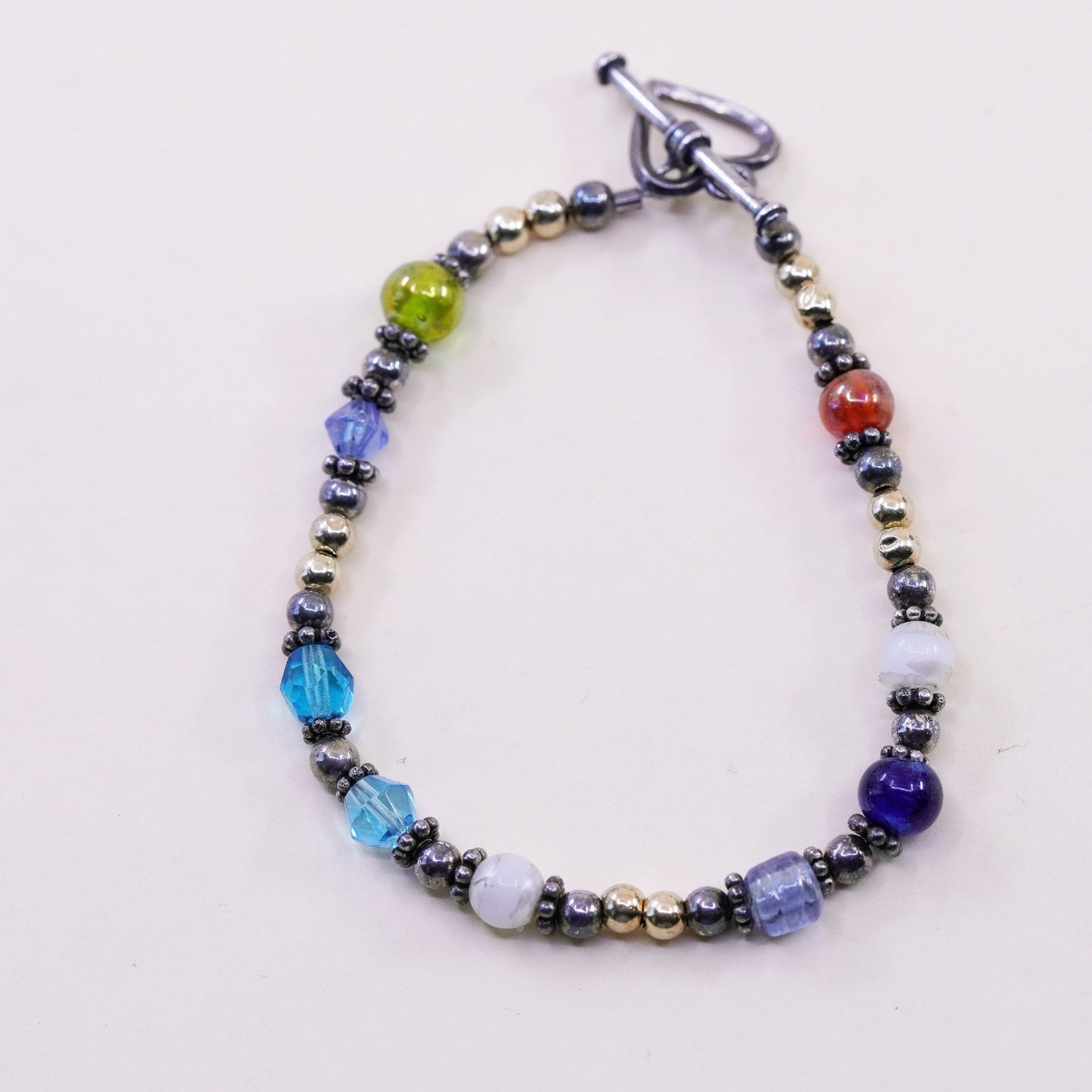 7”, Sterling 925 silver bracelet with 14K gold beads and heart toggle closure