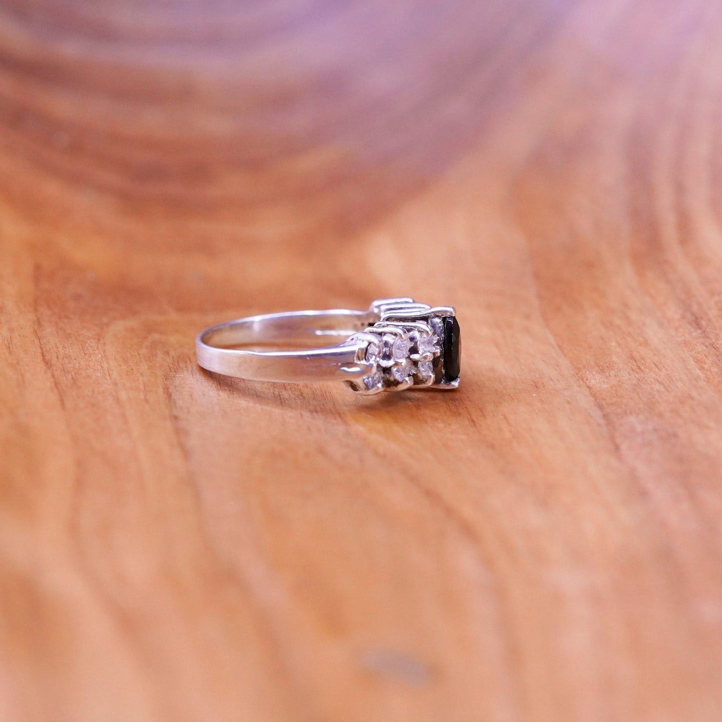 Size 4.75, Vintage Sterling 925 silver handmade ring with obsidian and cz