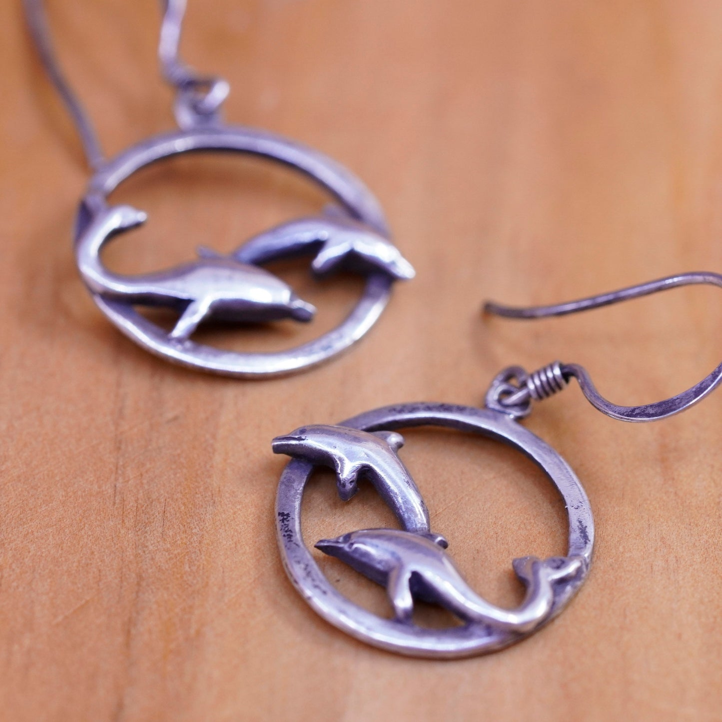 Vintage Sterling silver handmade earrings, 925 dolphin dangle