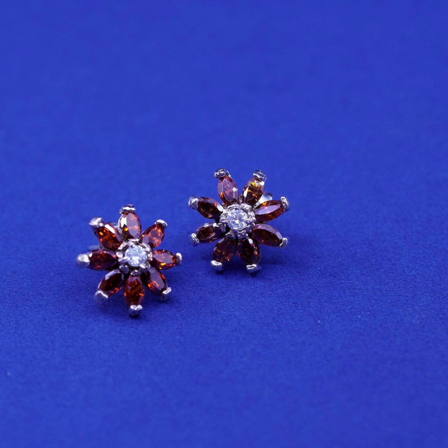 Vintage Sterling silver handmade earrings, 925 flower studs with ruby
