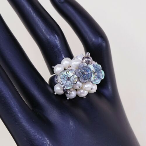 Sz 8.5, vintage Sterling 925 Silver Ring W/ Abalone flower N cluster Pearl