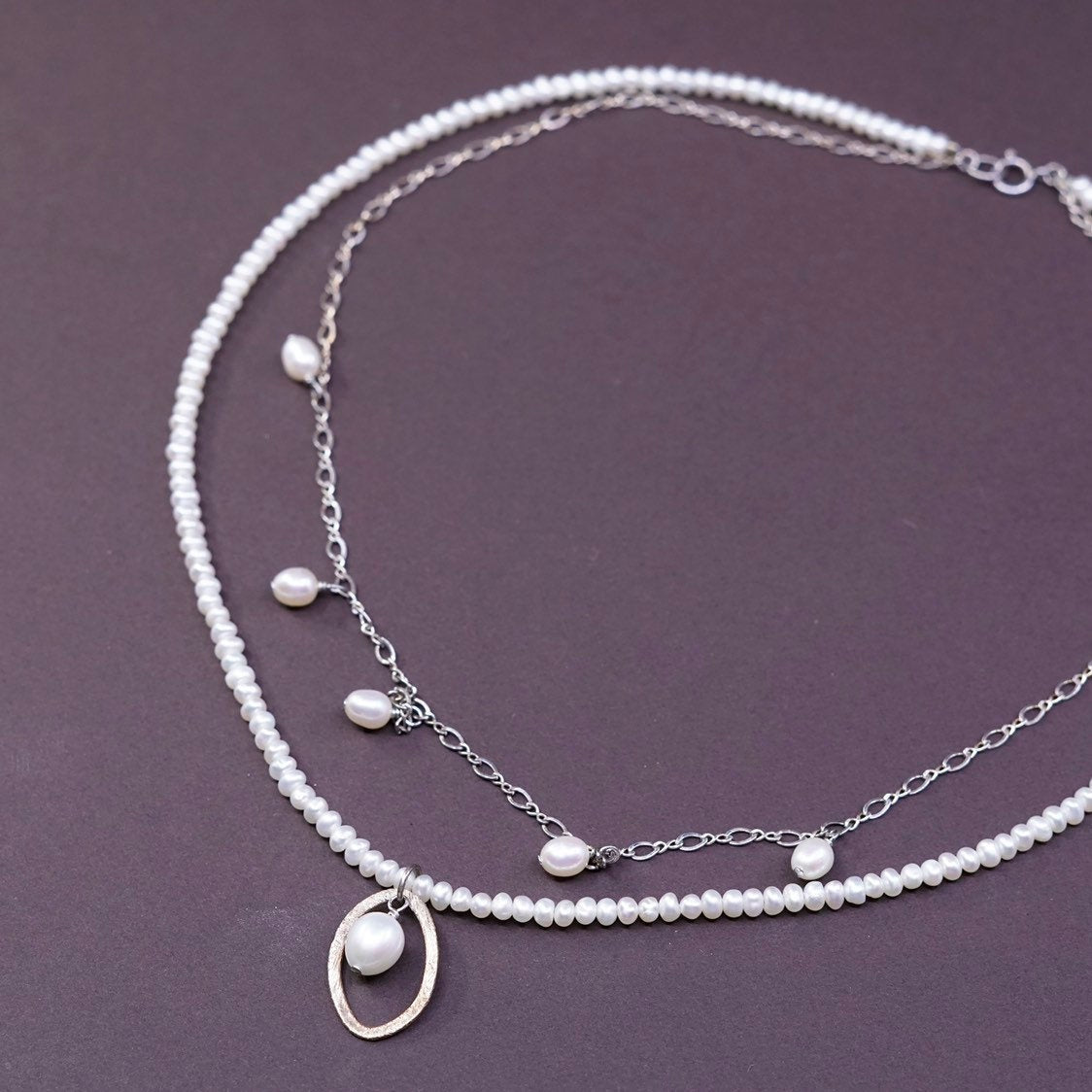 16", sterling silver handmade necklace, 925 figaro chain w/ freshwater pearl