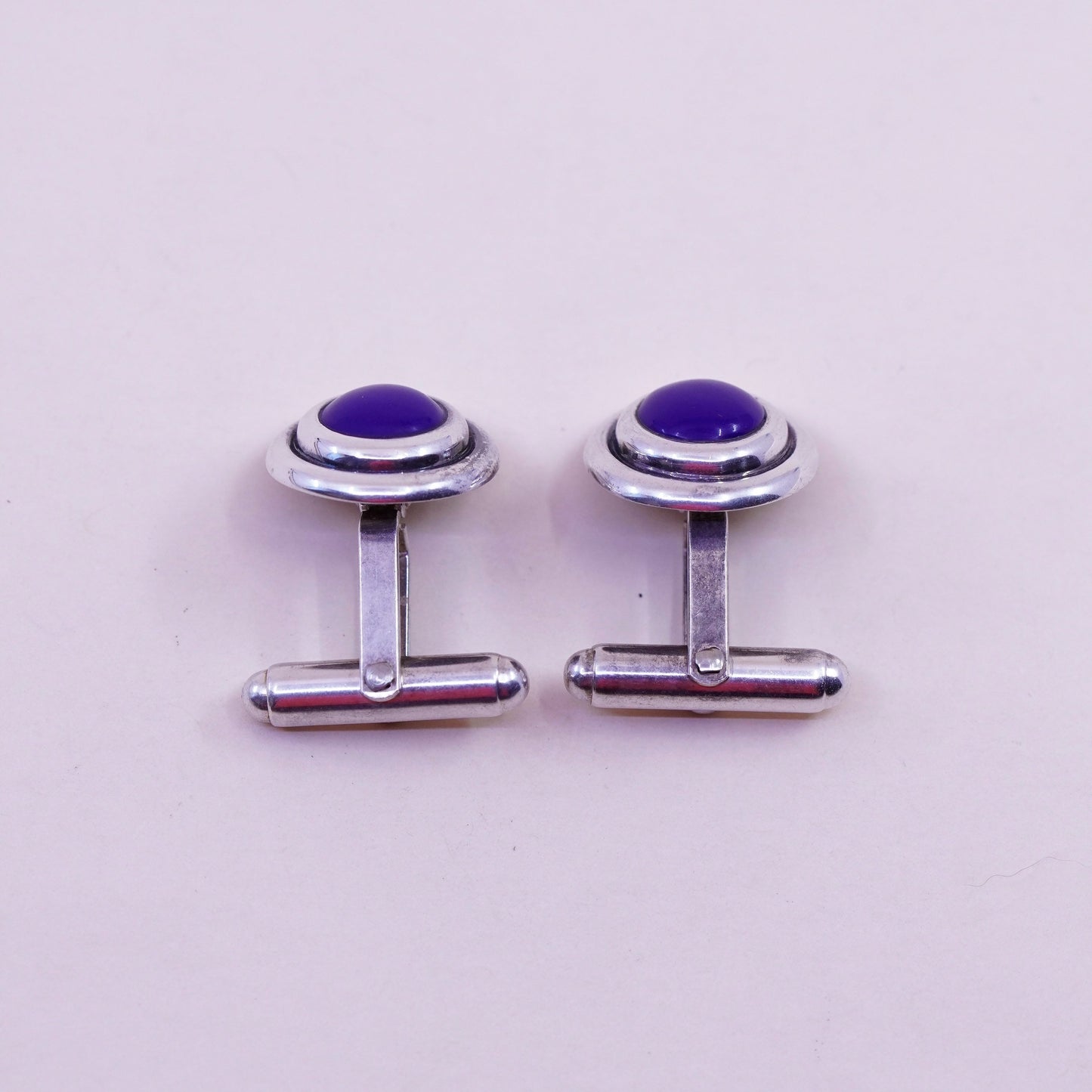 Vintage sterling silver handmade cuff link, 925 square cufflink with blue onyx