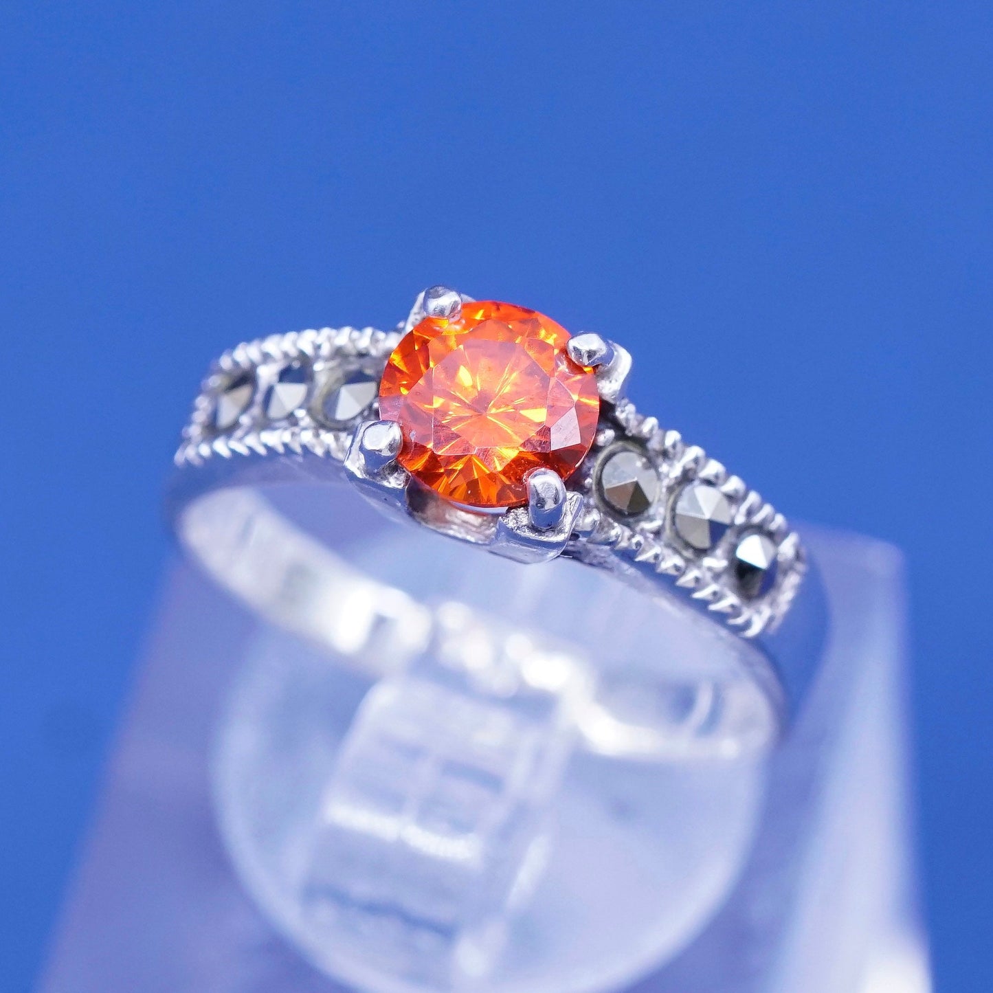 sz 6.75, vtg Sterling 925 silver handmade ring w/ orange crystal and Marcasite