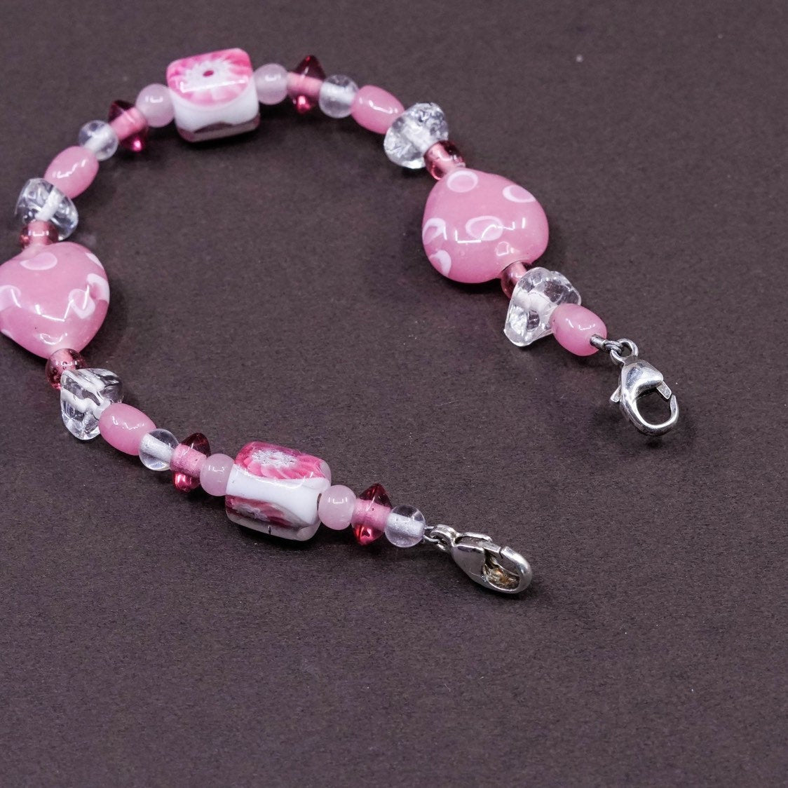 6”, vtg handmade pink artisan glass bead bracelet w/ 925 silver clasp