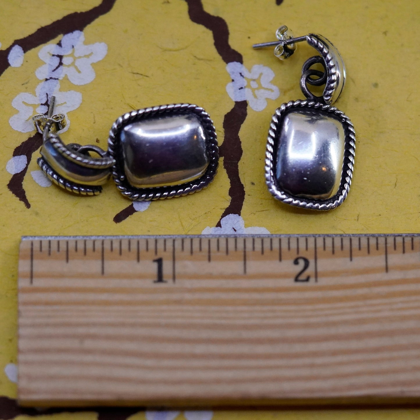 Vintage Sterling silver handmade earrings, 925 rectangular drops with cable