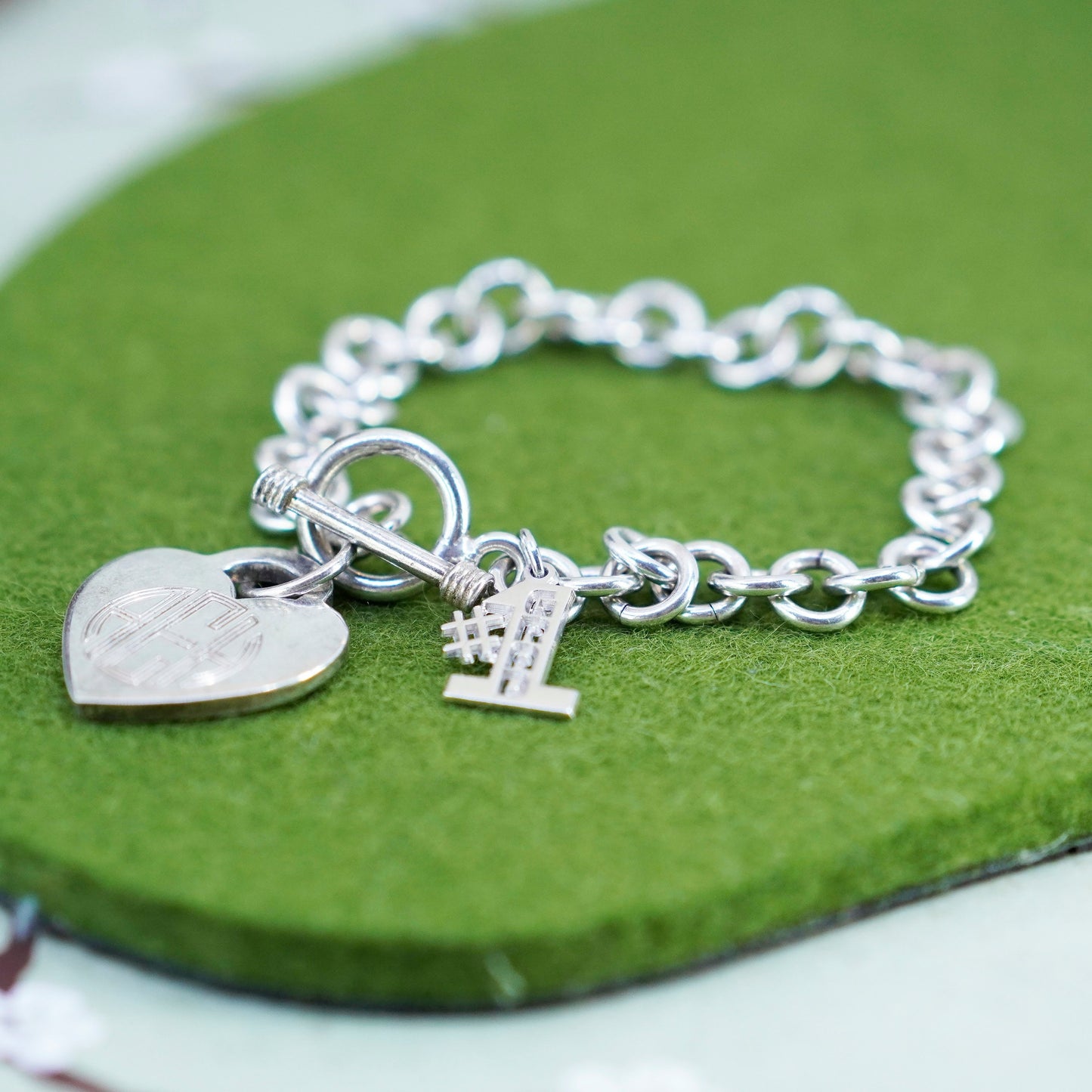 6.75”, sterling silver circle bracelet, 925 chain heart charm monogram “AEH”