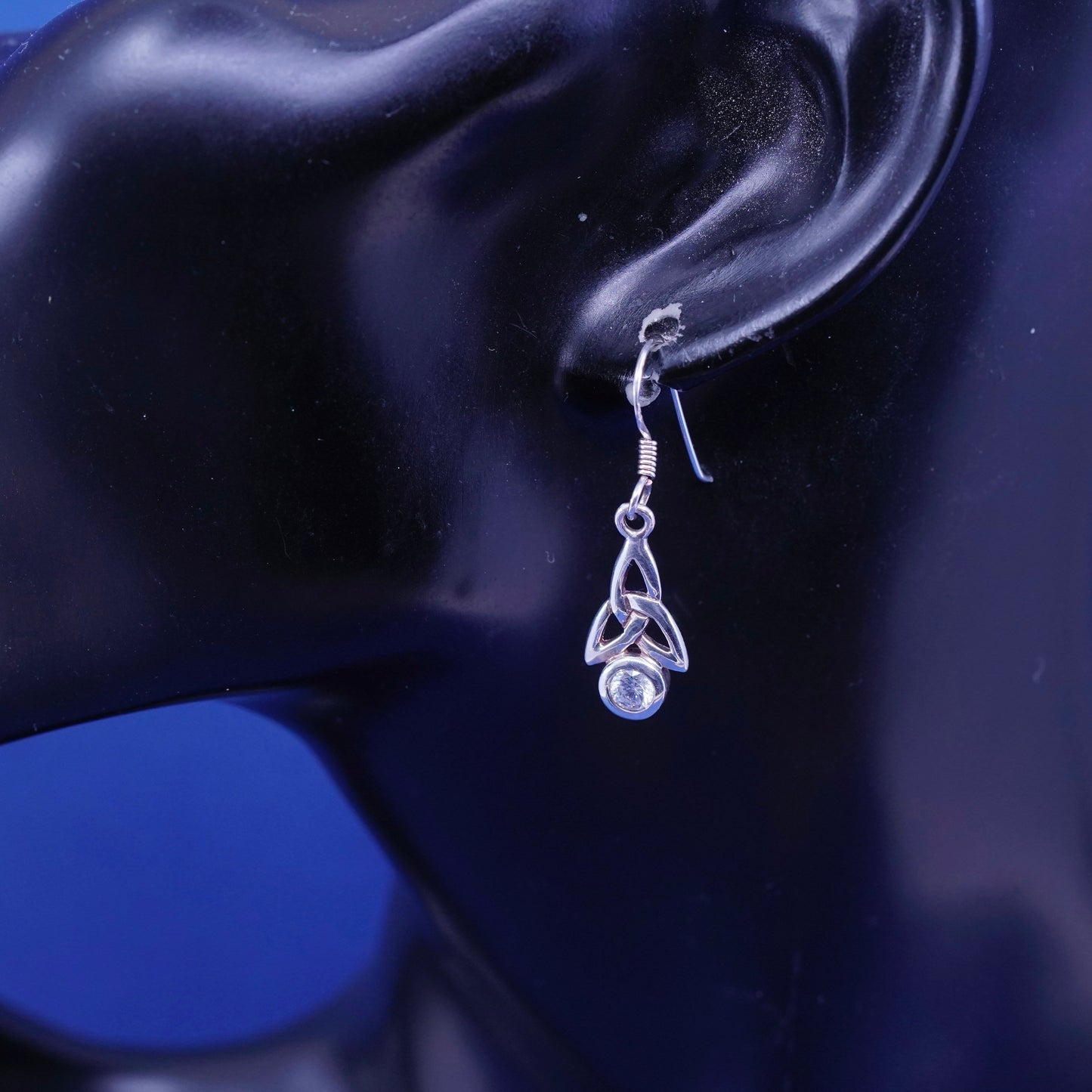 Vintage sterling silver handmade earrings, 925 filigree knot Irish drop with Cz
