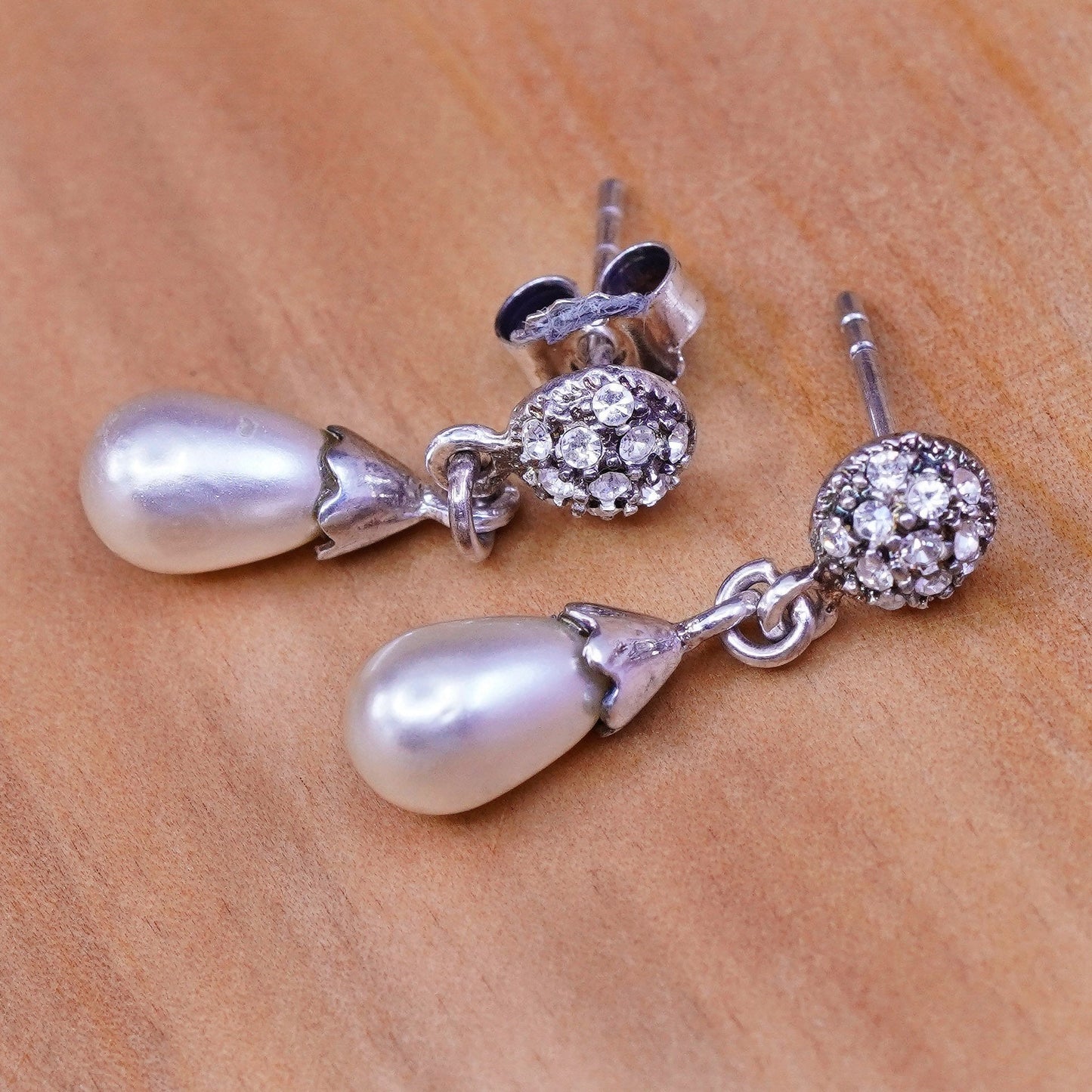 Vintage Sterling 925 silver handmade earrings with teardrop pearl and Cz