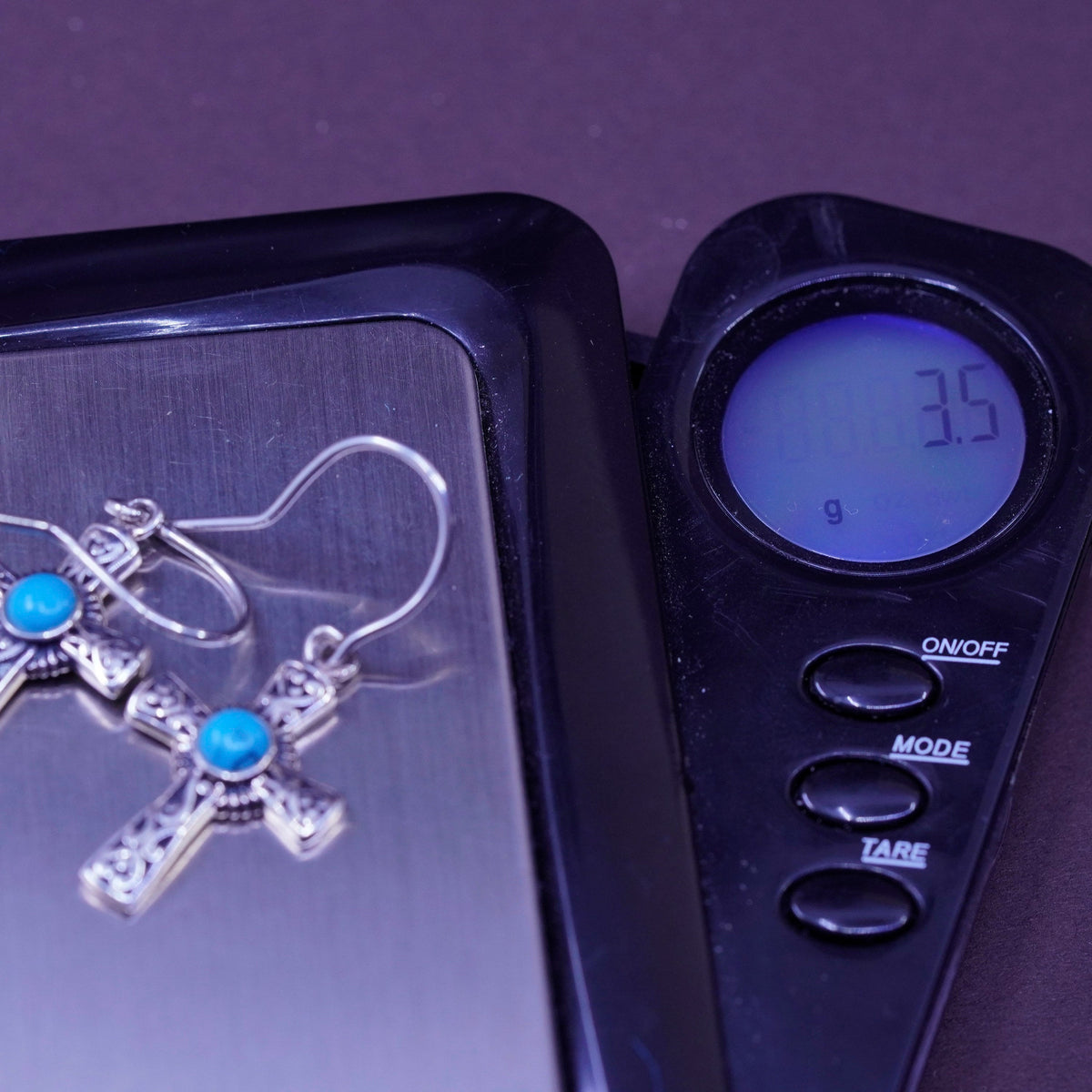 Vintage Sterling silver handmade earrings, 925 Bali cross with turquoise