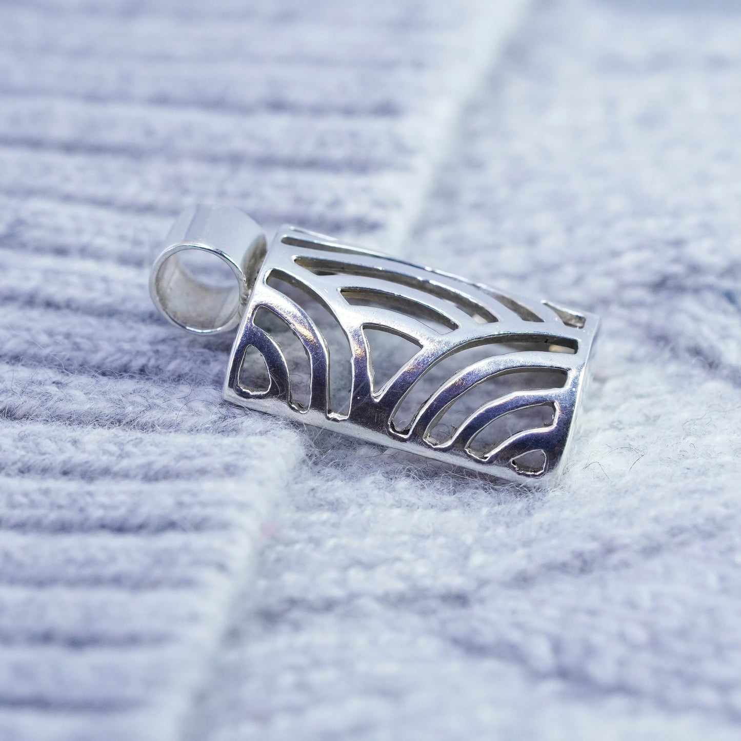 Vintage modern sterling 925 silver handmade rectangular wavy pendant