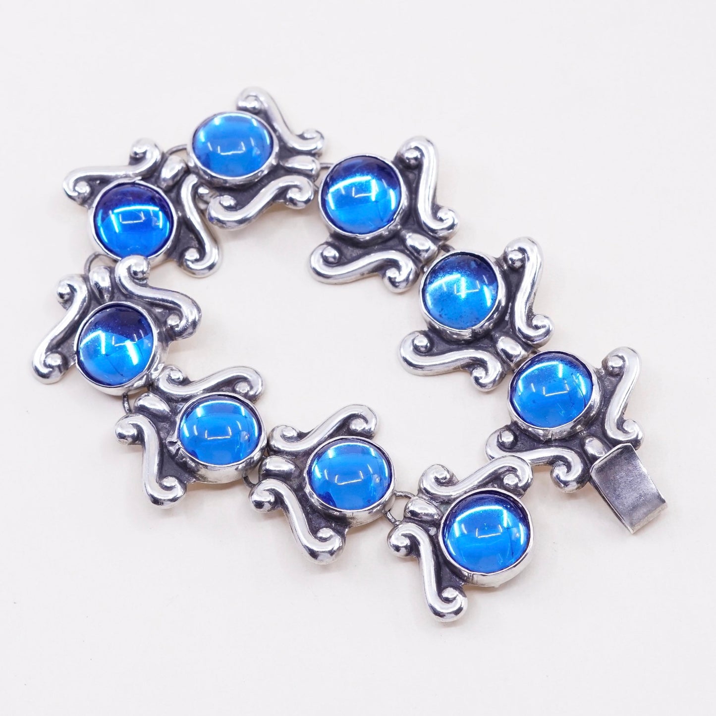 7.25”, vtg 50s lopez Sterling silver handmade bracelet, taxco 925 silver flower