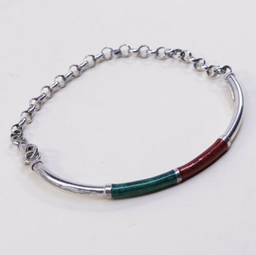 7.5”, Vintage Sterling Silver Handmade Bracelet, 925 Circle chain W/ Enamel Bar