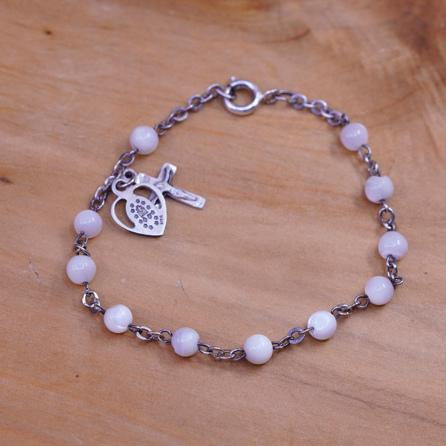 6.5”, Sterling silver bracelet, tiger eye beads chain 925 heart Jesus cross