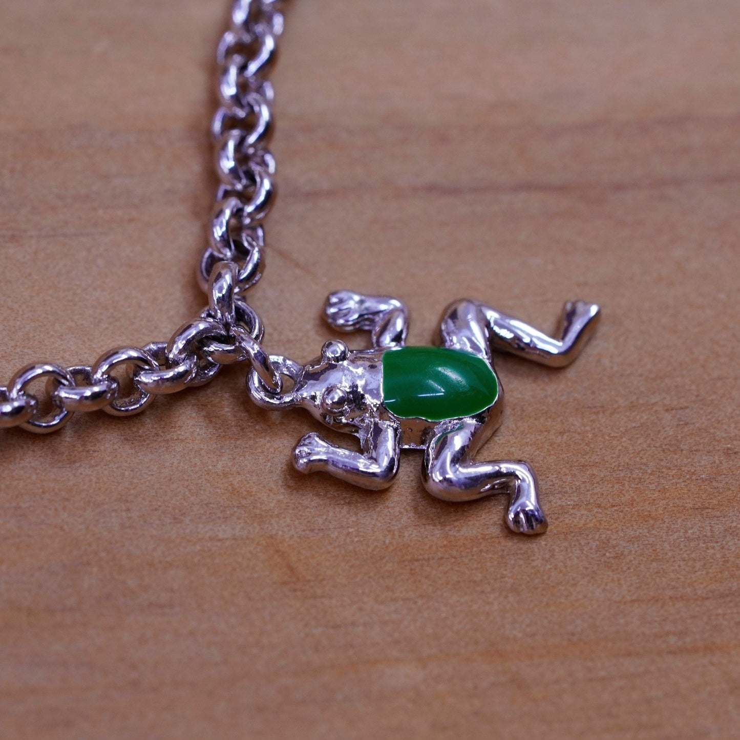 7.25”, Sterling silver bracelet, Italy 925 circle chain enamel frog butterfly