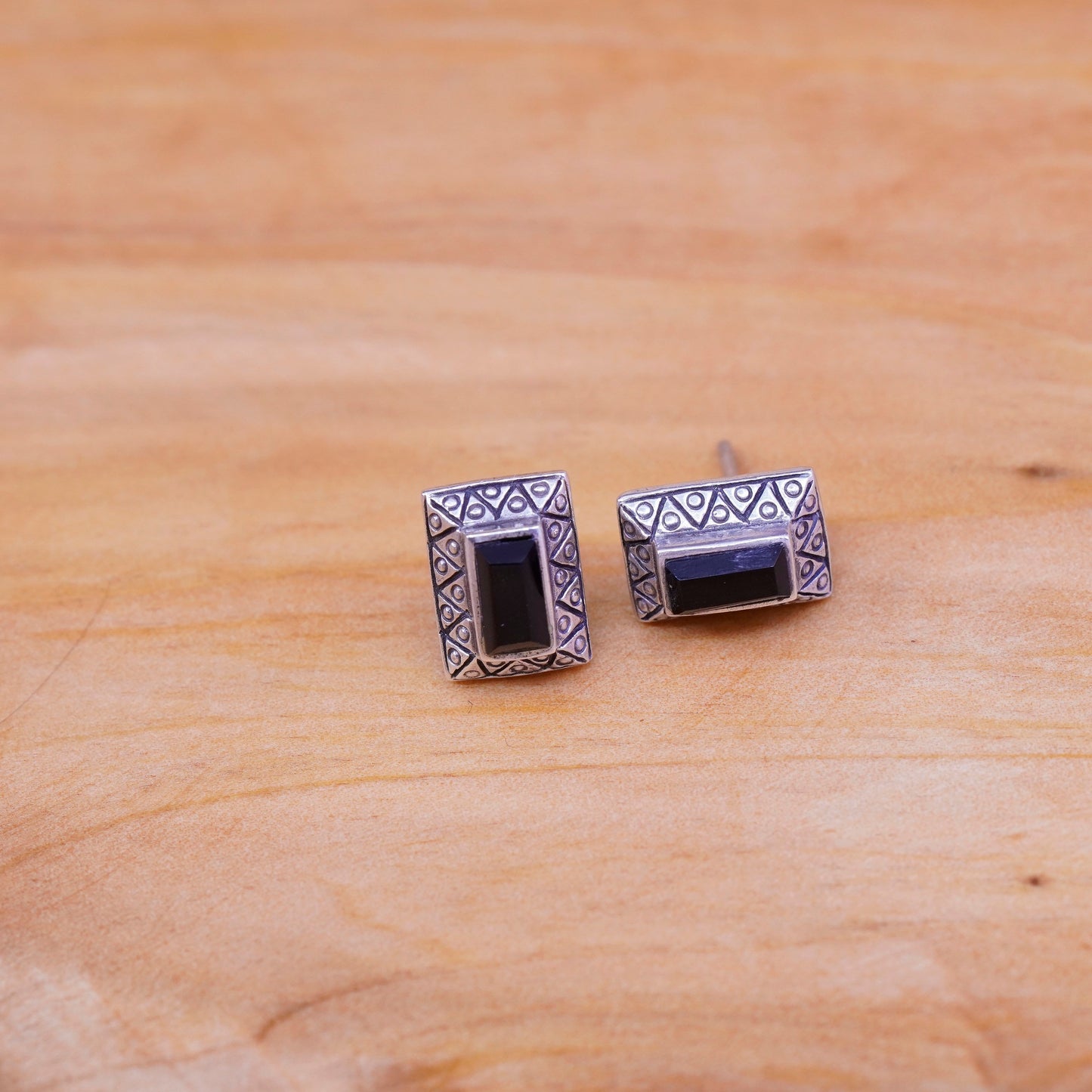 Vintage Sterling 925 silver handmade earrings studs with oval obsidian