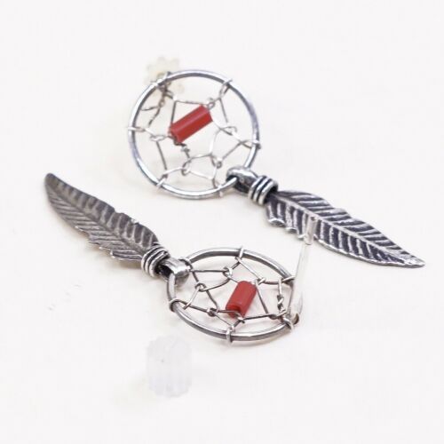 Vtg Southwestern Sterling 925 Silver Handmade Net Earrings W/ Coral N Feather