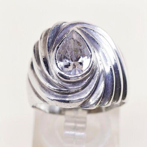 Sz 8.75, Sterling Ring, 925 Silver Statement Ring W/ teardrop CZ, Silver Tested