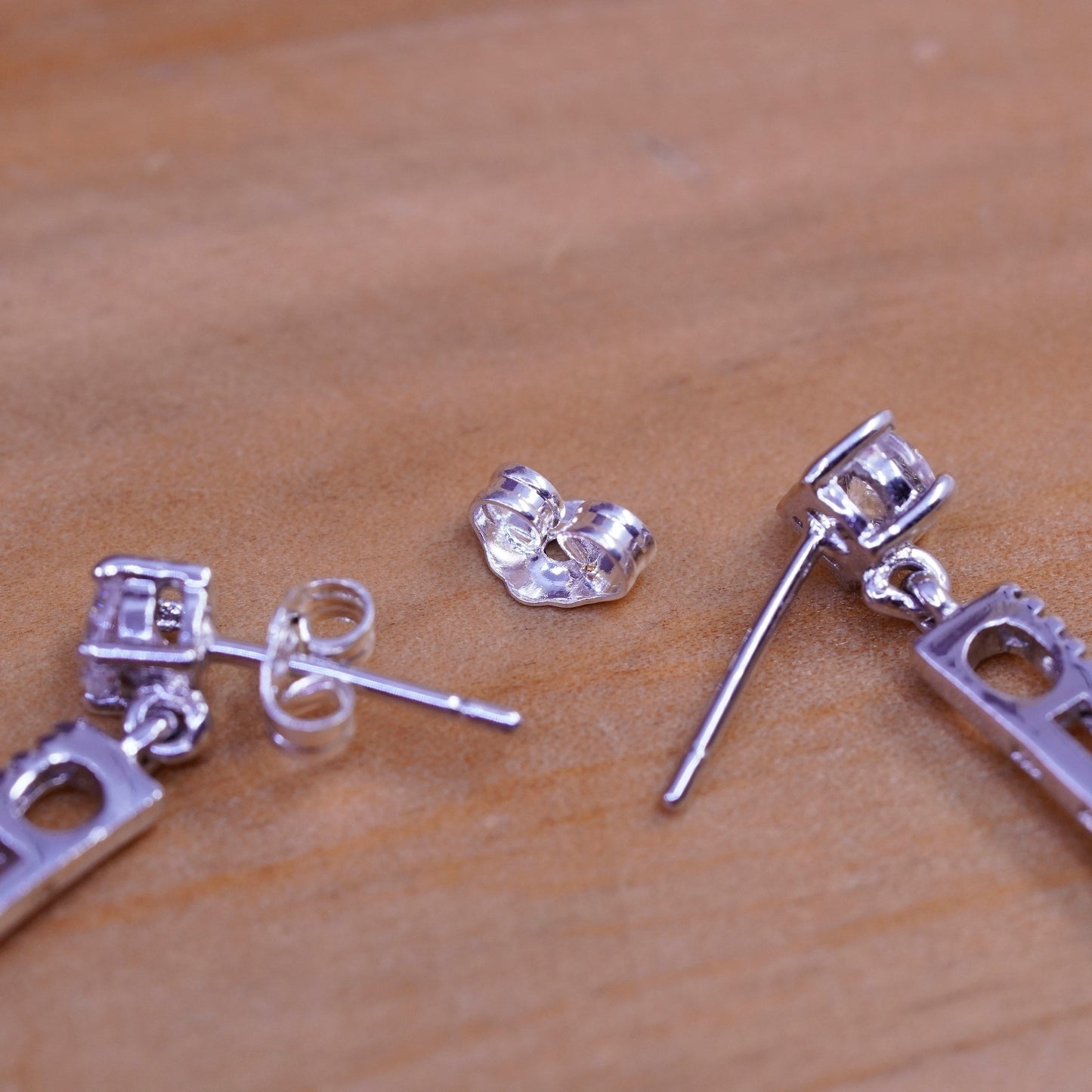 Vintage Sterling silver handmade earrings, 925 long drops with green clear CZ
